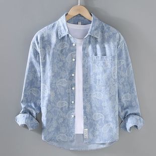 Spring and Autumn Men's Denim Shirt Jacket Japanese Casual Trendy Printed Shirt Jacket Top Clothing Shirt