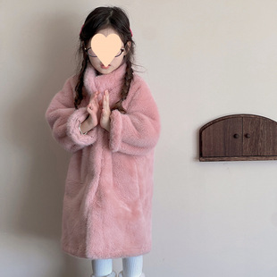 2024 autumn and winter imitation mink fur girls imitation leather coat thickened warm fur one long fur coat girls