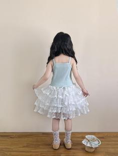 Spring and summer 2025 girls sweet feng shui blue suspender cardigan two-piece lace cake gauze skirt split shot