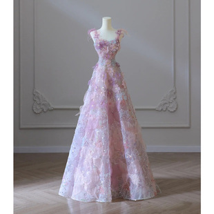 2024 New Purple Flower Toast Dress Heavy Industry Women's Light Luxury Host Birthday Party Party Party Dress