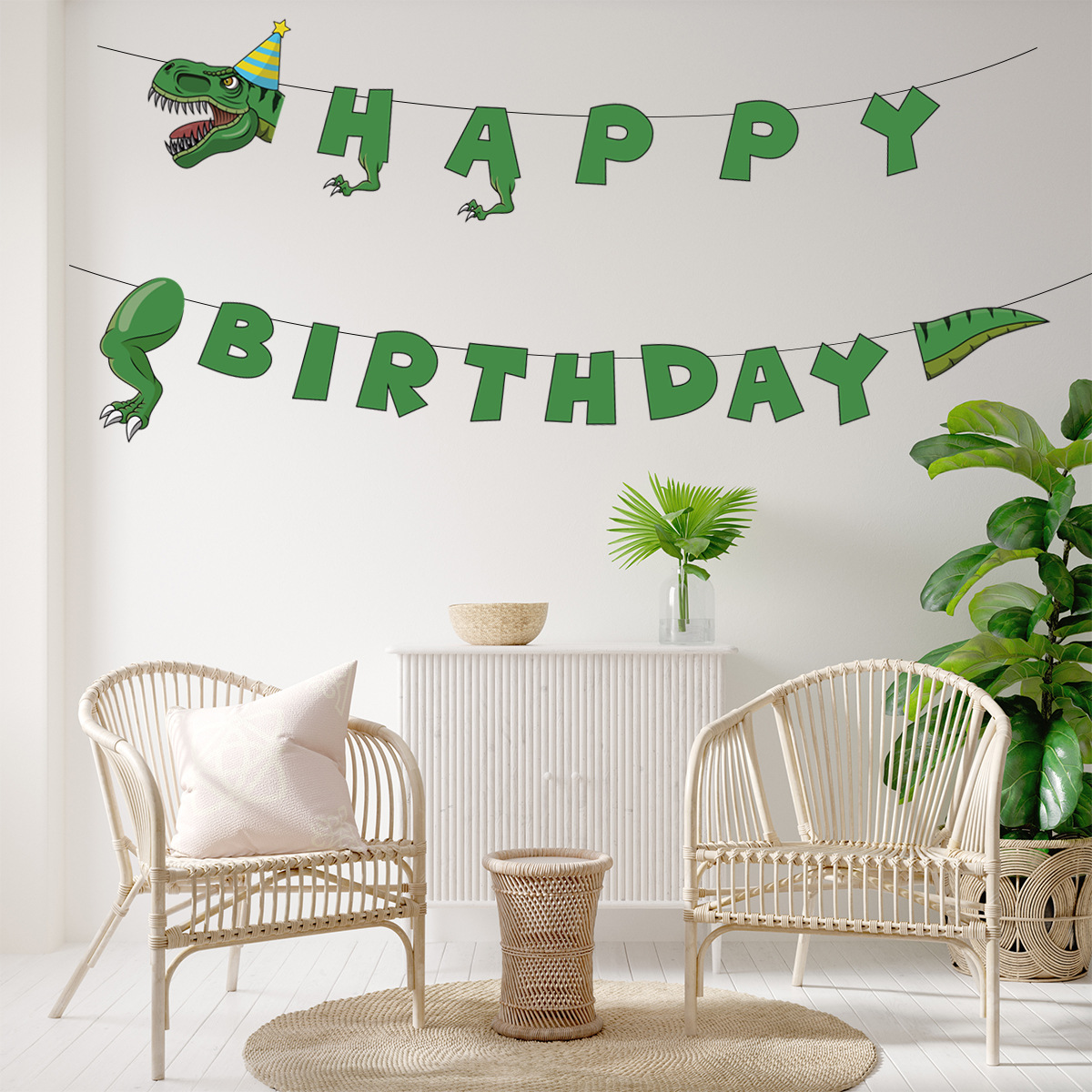 New Cross-Border Green Dinosaur Theme Party Disposable Flag Size Paper Plate Birthday Party Decoration Set