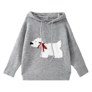 Grey Puppy Hooded Pullover Knitted Sweater Women's Autumn Loose Lazy Style Knitted Sweater Top Early Autumn Coat