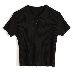 Excellent Wool, Navel-baring "small Waist", polo Collar High-waisted Knitted Short-sleeved Women's Slim Short Top Spring