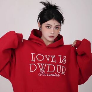 American Style Retro Heavy Industry Design Feeling Beaded Embroidered Letters Hooded Women's 2024 New Loose Couple Top