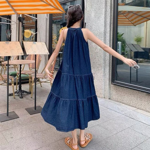 French Style Neck Denim dress Women's 2025 Summer New High-end Elegant Fashionable Loose Slimming A- line Skirt