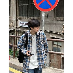 American Retro High-end Sense Loose Blue Plaid Long Sleeve Shirt Men's 2024 New Casual Loose Jacket Trendy
