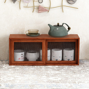 Desktop Storage Rack wall-mounted storage box Changhong glass tea set solid wood Plaid sliding door storage cabinet tea set