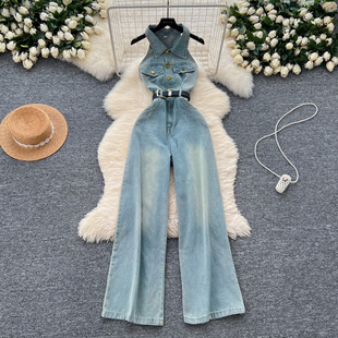 One-Body Pants Women's Summer Chic Niche Korean Style Fashionable Laiar Single-breasted Slim-fit Denim Wide-leg Casual Pants