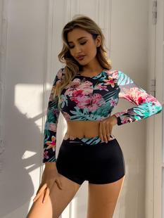 Cross-border 2024 New Split Two-piece Swimsuit Women's Long-sleeved Sunscreen High Waist Boxer Trousers Foreign Trade Tankini Swimsuit