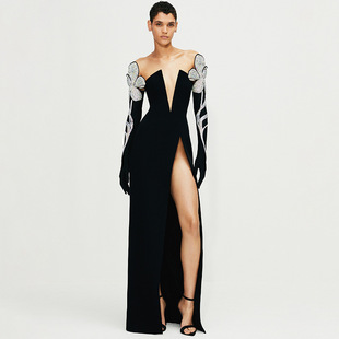 Summer European and American high-grade women's black long-sleeved V-neck high waist knitted bandage rhinestone split temperament dress
