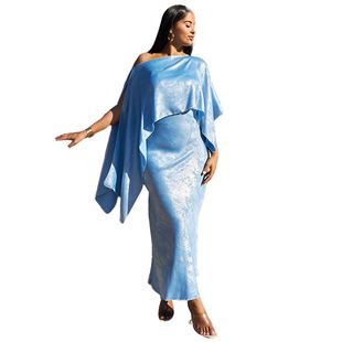 Source Factory Cross-border Foreign Trade Women's Fashion Solid Color Sexy Shoulder Bat Sleeve Dress Set Women Two-piece Set
