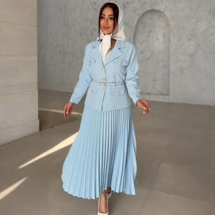 2025 spring new European and American Amazon foreign trade cross-border solid color temperament lapel suit pleated skirt suit