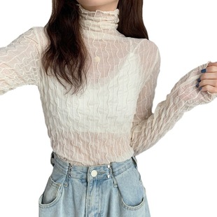 Lace Base Shirt Women's 2023 Spring and Autumn New Half-high Collar Mesh Long-sleeved Western Style Early Spring Hollow-out Top
