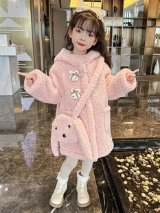 Girls' Coat 2024 New Winter Baby Girl fleece-lined Mao Mao Clothes Long Fashion Western Style Thickened Winter Clothes