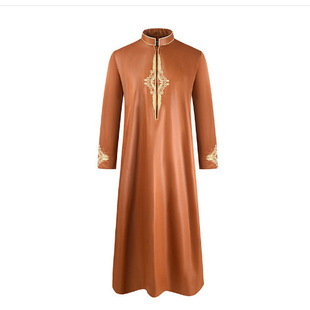 2023 Cross-border Summer New Men's Robe Solid Color Embroidered Middle East Robe Men's Long-sleeved Foreign Trade Robe