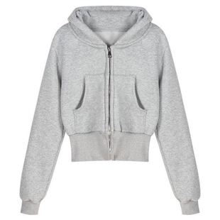 American Style Hot Girl New Style Zipper Coat Women's Autumn and Winter Short Slim-fit Slimming Hooded Cardigan Top Trendy fleece-lined