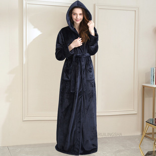 Couple Autumn and Winter Hooded Warm Flannel Nightgown Women's Thickeneded Long Men's Coral Velvet Large Size Bathrobe Pajamas