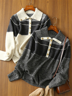 2024 autumn and winter new flower color matching 1OO sheep wool temperament large lapel polo profile sweater top women
