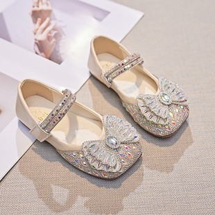 Girls Shoes Princess Shoes 2024 Spring and Autumn New Shiny Soft Bottom Crystal Shoes with Dress Western Style Children's Shoes Summer