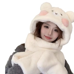 Bear Hat Scarf Gloves Women's Autumn and Winter Warm Cute Windproof Ear Protection Three-piece Thickened Riding Hat
