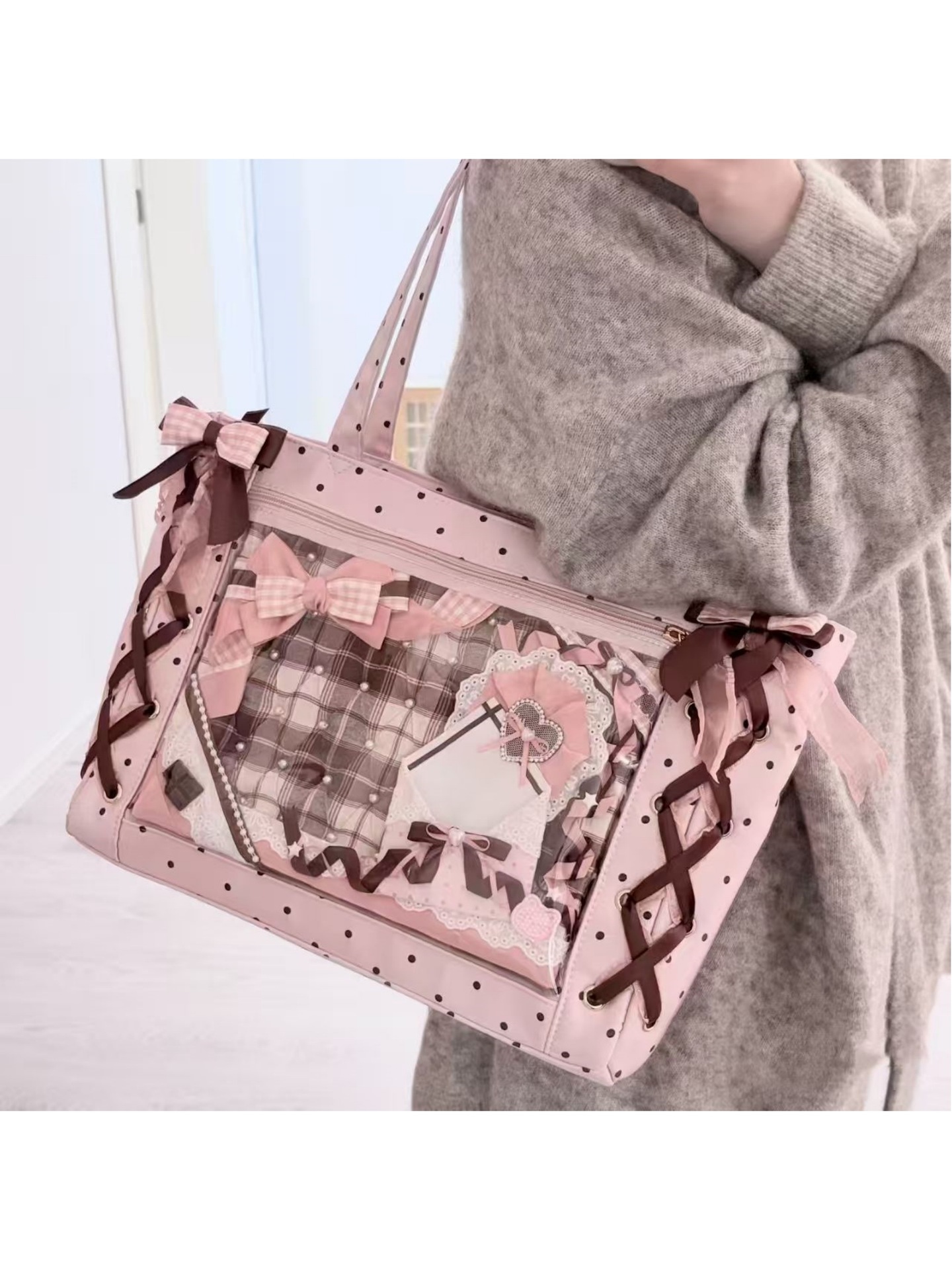 New cute polka dot large capacity girls' shoulder tote bag for commuting, anime style, student, or going to class.