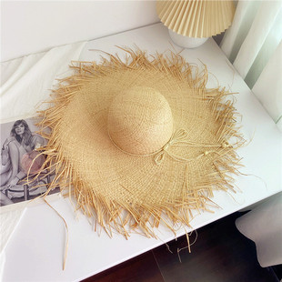 Large Eave Woven Lafite Straw Hat Sunhat Summer Flat Top Ribbon Lace Seaside Holiday Sun Hat Beach Hat Women