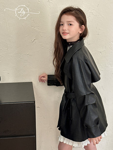 Sanglo Children Girls Кожаное пальто 2024 Осень Новый стиль CTong End Design Чувство детского среднего и длинного пальто