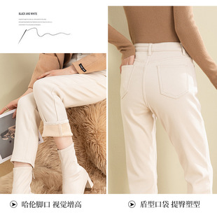 Fleece-lined jeans for women 2023 Winter New Factory Direct elastic soft thick cropped pants straight pants slim fit