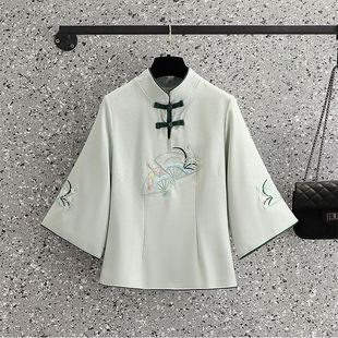 Republic of China Style Vertical Collar plus size Slimming Tang Suit Chinese Embroidery Retro Elegant suit Wide Leg Pants Two-Piece Set for Summer