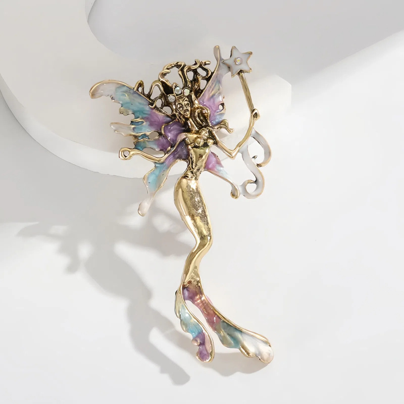 European and American Fashion Retro Magic Mermaid Brooch Painted Oil Dripping Angel Wings Medieval Corsage High-End Female Brooch