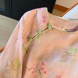 New Style Happy Eyebrow Improved Guofeng Digital Printing New Style Cotton Linen Loose Chinese Round Neck Small Shirt Pink