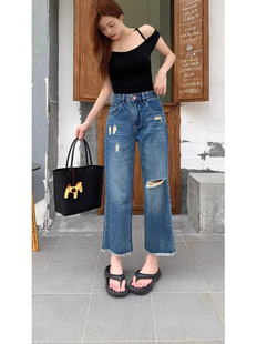 2025 Summer New Arrival Cropped Jeans Ripped Design Rapped Edge Jeans Women's Narrow Version Straight Pants for Small Men