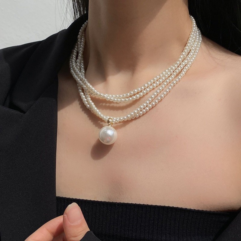 European and American Cross-Border Multi-Layered Round Beaded Pearl Necklace, Fashionable and Elegant Sweater Chain, Light Luxury and High-End Jewelry