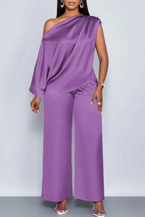 2025 European and American Cross-Border Independent Station Summer Casual Women's Satin Suit Slope Collar Short-Sleeved Top + Pants Suit