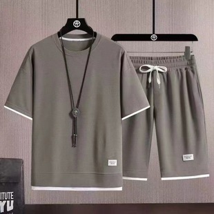 Cross-border summer new waffle short sleeve suit men's leisure sports suit loose breathable shorts suit wholesale