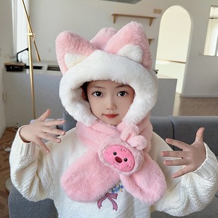 Autumn and winter new plush cartoon children's hat baby girl cute all-match fluffy scarf integrated ear protection hat