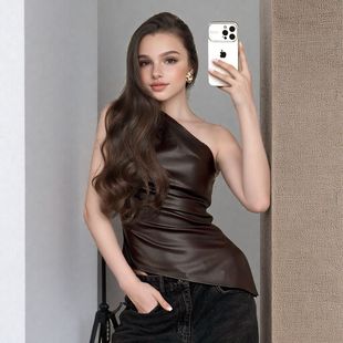 European and American women's clothing spring and summer Amazon new solid color sleeveless shoulder diagonal collar zipper T-shirt top vest women