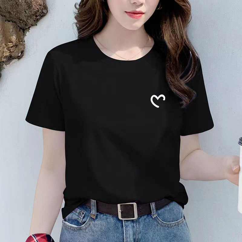 블랙 코튼 반팔 티셔츠 여자 2025 년 여름 새 플러스 사이즈 느슨한 단순 올매치 라운드 넥 반소매 탑
