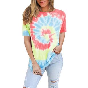 2024 Foreign Trade Cross-border European and American Women's Top Amazon Hot Tie-Dye Casual Loose Round Neck Short Sleeve T-Shirt