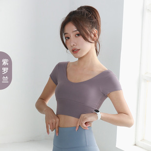 Juyitang Yoga Clothing Sports Navel-exposed Short-sleeved V-neck T-shirt Beautiful Strap Chest Pad Running Sports Tight Small Top