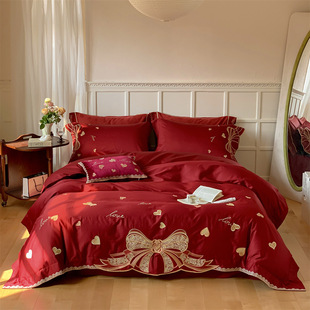 Romantic Wedding 100 Long-staple Cotton Four-piece Wedding Quilt Bow Embroidery Dowry Kit Home