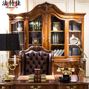 European Style Desk Solid Wood Carved American Style Computer Desk Writing Desk Study Table and Chair Combination Furniture
