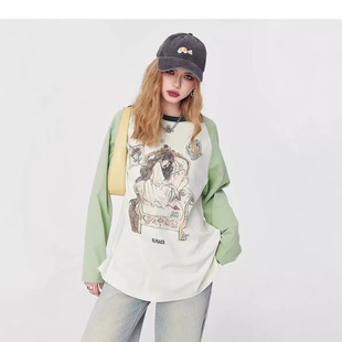 Goblin Pocket Contrast Printed Shoulder Long Sleeve T-Shirt for Women in Autumn 2024 New Loose Inner Base Shirt