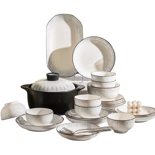 Japanese Style Simple Bowl and Dish suit Household Thickened Ceramic Rice Bowl Plate Combination Underglaze Color Bowl and Dish Tableware Bowl