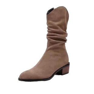 KAKY Short Boots Women's Autumn and Winter 2024 New Thick Heel Pointed Western Cowboy Boots Stack Boots Middle Boots Leather Tide