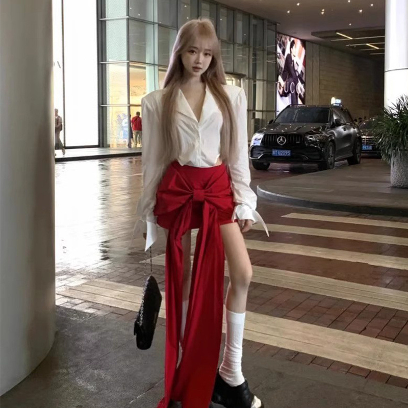 Niche design sense waist slim one-piece shirt top irregular skirt two-piece women's summer new