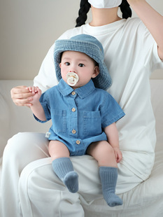 Newborn Baby Clothes Summer Thin Lapel Denim Jumpsuit for Boys and Girls
