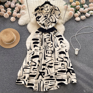 French Style Light Luxury Retro Sleeveless Collar Printed Dress Women's Summer Tight Waist Slimming Elegant Socialite Dress