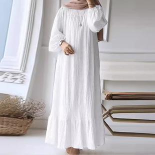 2024 Muslim Women's Robe Spring and Autumn New Fashion Puff Sleeve Vintage Pocket Hem Ruffled dress