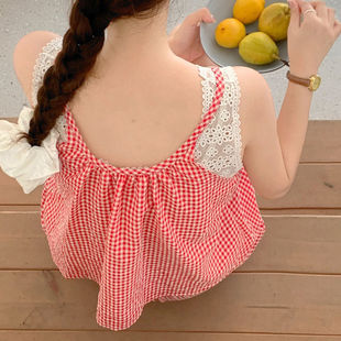 Summer sweet girl check sling pajamas women's 2024 new cute lace suit home clothes can be worn outside